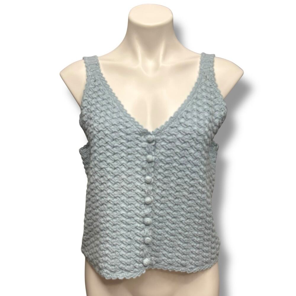 Vintage Sweater Vest Tank Top Crochet Knit Button Front Cotton Blue Tweeds Sz L